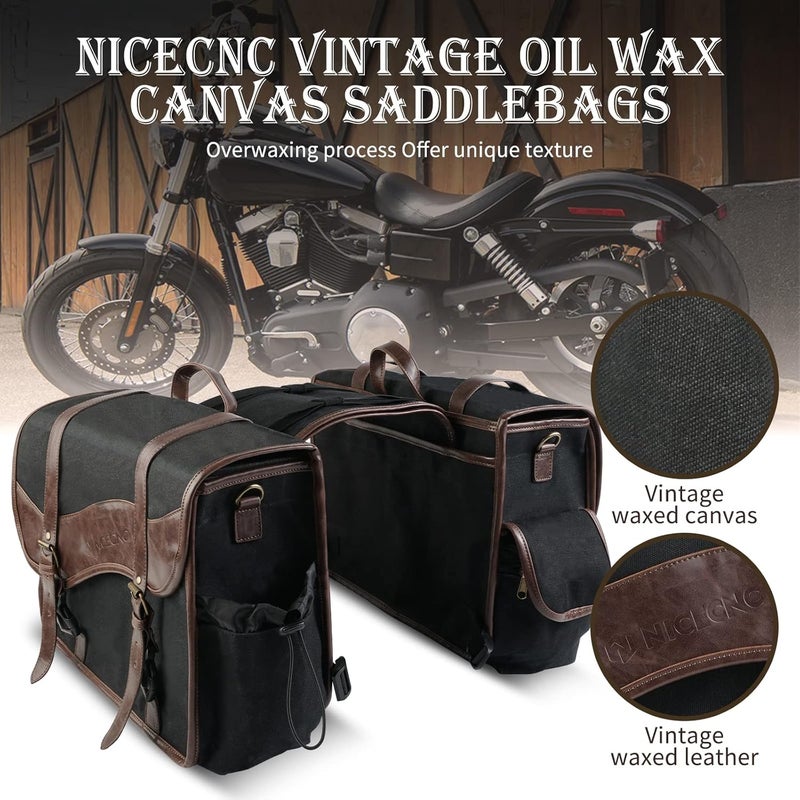 NICECNC Motorcycle Saddle Bags, Vintage Oil Waxed Canvas Saddlebags Motorcycle Panniers Side Throw Over Saddle Bags Compatible with Harley Honda Suzuki Yamaha Adventure Street Glide Brown - Image 2